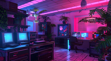 Room in the style of retrowave, enigmatic tropics, dark violet and light blue, interior scenes