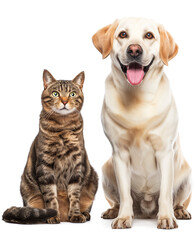 A dog and a cat sitting peacefully together next to each other on a white background. The concept of friendship between animals. Veterinary medicine, animal care.