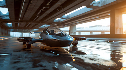Takeoff of a flying car from an underground garage. Copy Space - obrazy, fototapety, plakaty