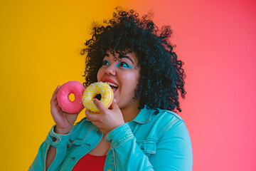 Cheerful curvy woman holding donuts. Plus size young woman ready to eat donut with frosting. - Powered by Adobe