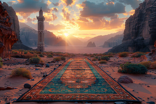 prayer mat in a beautiful nature landscape, ramadan Kareem, Eid Mubarak Islamic festival social media banner and Eid Mubarak Post Template, islam