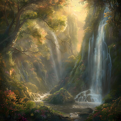 Hidden haven waterfall in the forest - obrazy, fototapety, plakaty