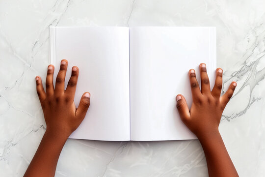 Child's hands with blank book on light background