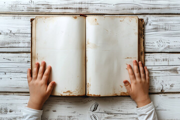 Child's hands with blank book on light background - 745836223