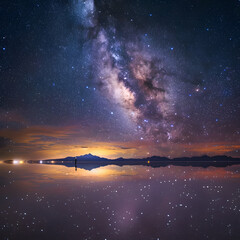 sky with stars and clouds water reflection - obrazy, fototapety, plakaty