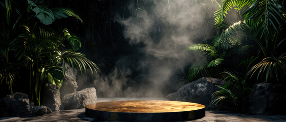  Stone platform, podium with gold, steam or smoke, on dark jungle tropical leaves background. Layout, display for product presentation. Lights, shadows effect. Generative AI