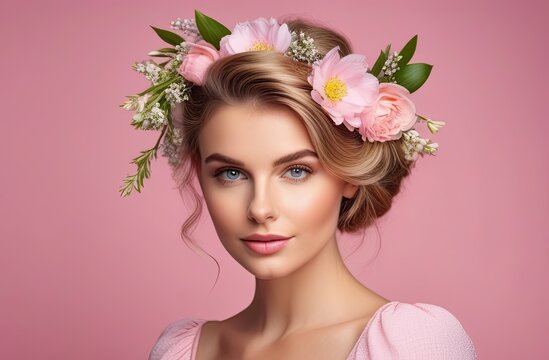 Side view, portrait of a young girl with spring flowers in her hairstyle.