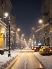 Obraz premium street in the night full of snow and cars
