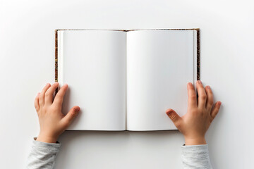 Child's hands with blank book on light background - 745837279