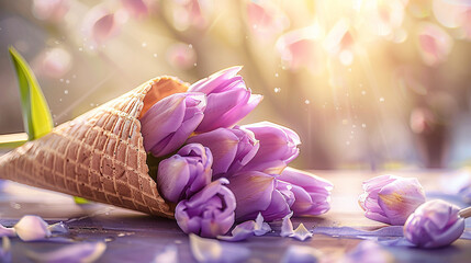 Waffle cone with tulips. Flower ice cream, spring concept - 745837680