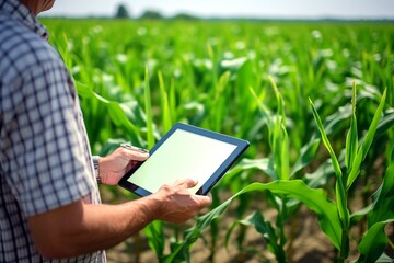 A male agronomist farmer with a digital tablet in the hands studies the quality of corn crop, modern technologies in agroindustry