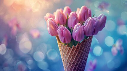 Waffle cone with tulips. Flower ice cream, spring concept - 745837841