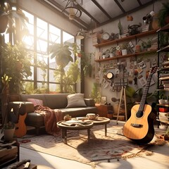 A cozy indoor setting where friends are engrossed in creating music together, surrounded by a...