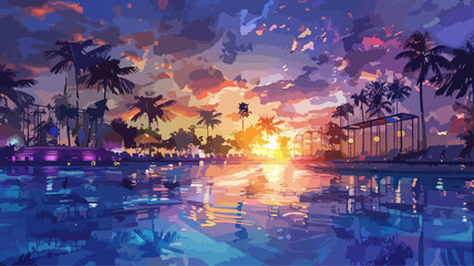 Resort Urlaub Pool Sommer Palmen Vektor Wasserfarben - obrazy, fototapety, plakaty