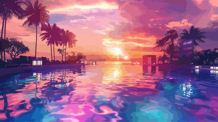Resort Urlaub Hotel Pool Sommer Palmen Ibiza Mallorca Miami Vektor Wasserfarben - obrazy, fototapety, plakaty