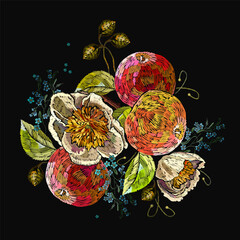 Embroidery apples fruits and yellow peonies flowers. Summer garden template for clothes, textiles - 745838420