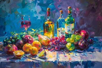 A vivid oil painting presents a still life scene with wine bottles, fruits, and lively...
