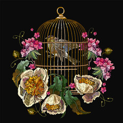 Caged birds, yellow peonies and geranium flowers. Fashion embroidery art. Template for clothes, textiles, t-shirt design - 745838456