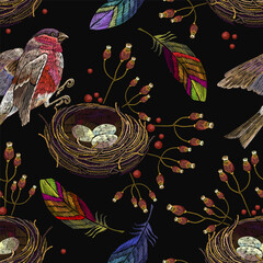 Colorful feathers, bird, and bird nest. Tropical Easter concept. Embroidery seamless pattern. Template for clothes, t-shirt design - 745838473