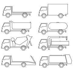 set of trucks vector line with white backround Available types flatbed trucks, box trucks, dump trucks, tanker trucks, mixer trucks, crane trucks, towing trucks and garbage trucks.