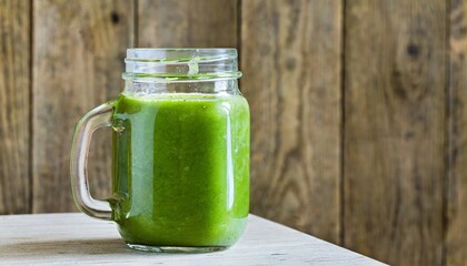 Vegan green smoothie in glass jar. Healthy and organic drink. Natural protein and antioxidant beverage.