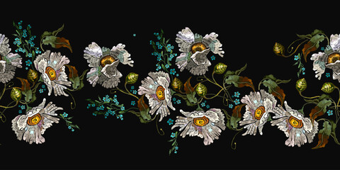 White chamomile flowers. Embroidery.  Garden template for clothes, t-shirt design. Spring and summer floral art. Fashion horizontal seamless pattern - 745838663