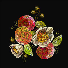 Embroidery apples fruits and yellow peonies flowers. Summer garden template for clothes, textiles, t-shirt design - 745838689