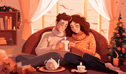 Obraz na płótnie Canvas cosy couple at home winter new year isolated vector style on isolated background illustration