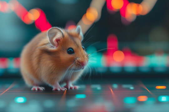 hamster in front of blurry trading charts, novice in stock exchange and asset market concept - Powered by Adobe