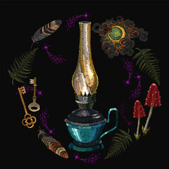 Embroidery kerosene lamp, magic golden keys, mushrooms, feather and moon. Night fairy tale art. Camping lantern. Magic outdoor template of clothes, t-shirt design - 745838813
