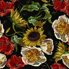 Embroidery peonies, red poppies and yellow sunflowers. Summer art. Fashion colorful template for clothes, tapestry, t-shirt design. Seamless pattern - 745838844