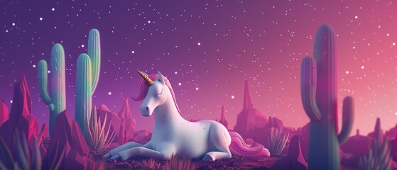 A magical unicorn nestled among cacti in a minimalist desert landscape under a starry sky
