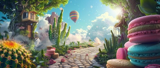 A cactus and macarons atop a cobblestone path in a rainforest with a treehouse in the background and a hot air balloon in the sky