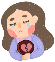 Sad woman holding broken heart shape in concept of being broken heart.