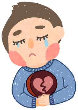 Sad man holding broken heart shape in concept of being broken heart.
