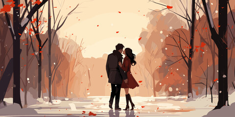 couple in love woman and man kissing outside in winter snow fall romantic cute vector character - obrazy, fototapety, plakaty