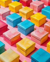 An organized, geometric layout of multicolored, minimalist gift boxes creating an abstract pattern