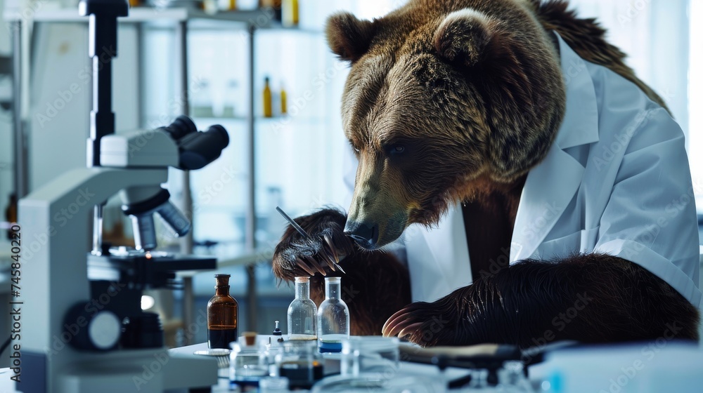 Poster a grizzly bear in a lab coat intently examining a microscope in a high tech laboratory setting