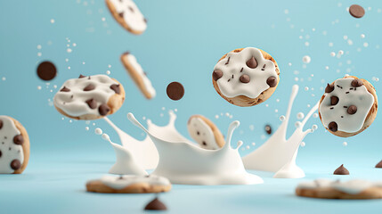 Milk splash with cookies in air 