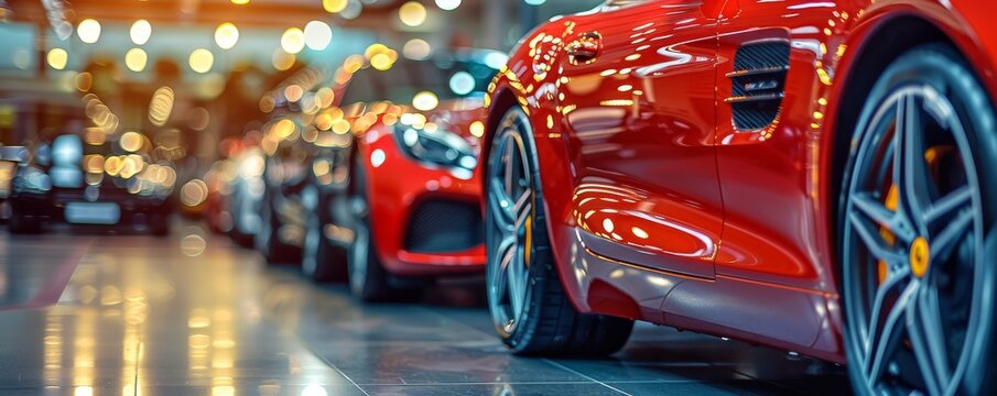 A high end car dealership with luxury vehicles on display