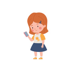 Cute little child girl using mobile phone flat style