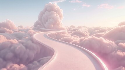 A 3D depiction featuring an infinite roadway surrounded by clouds, or a perpetual road design for advertising purposes - obrazy, fototapety, plakaty