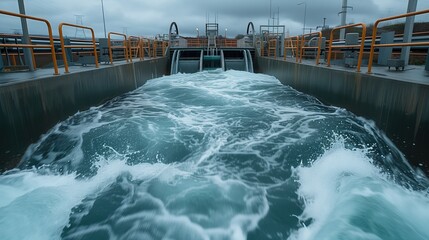 Hydroelectric Power Plant. Workers are photographed inside a hydroelectric power plant, overseeing the operation of turbines and generators. The rushing water and machinery