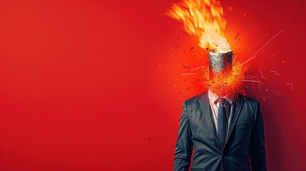 A businessman stands waist-deep with a dynamite stick for a head, its wick burning, against a red background, conveying a blow mind concept with ample copy space and a Hotspur personality