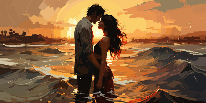 couples embracing each other in love on the beach , digital art style, illustration painting