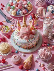 A delightful arrangement of various desserts, ice cream, and candies in a playful and colorful composition