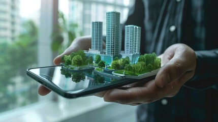 An augmented reality marketing concept for architecture, where a hand holds a smartphone using an AR application to project 3D popup interactive room maps to life