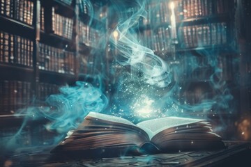 A mystical tablet revealing ancient secrets to a quantum sorcerer in a library of the fantasy metropolis - obrazy, fototapety, plakaty