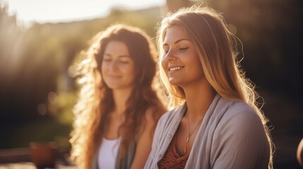 Female energy - young women meditating together outside in sunny, spring weather, with sunset 