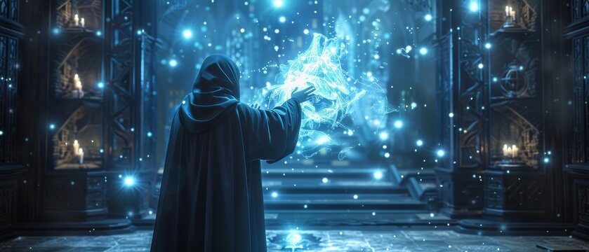 A neural spellcaster interfacing with a magic hologram casting spells in a high tech wizards chamber